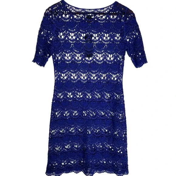 Lauren Ralph Lauren Blue Crochet Lace Size XS Short Sleeve Sheath Swim Cover - Picture 2 of 9